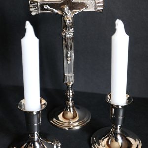 3 piece 10.5 inch chrome standing crucifix with candle holders (candles included)-0