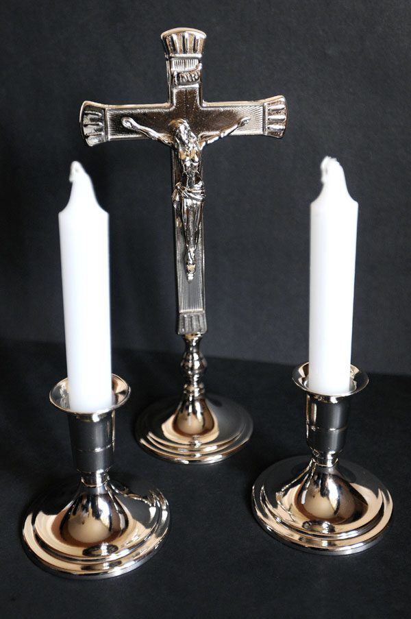 3 piece 10.5 inch chrome standing crucifix with candle holders (candles included)-0