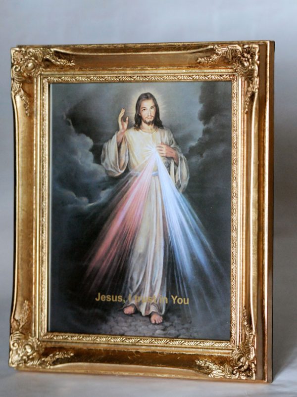 12" x 10" Stand or hang deluxe antique gold finish framed picture of the "Divine Mercy"-0