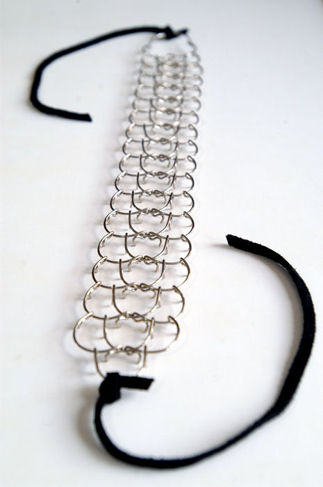 A three link, 1mm gauge half-leg metal cilice with suede tie-cord-11
