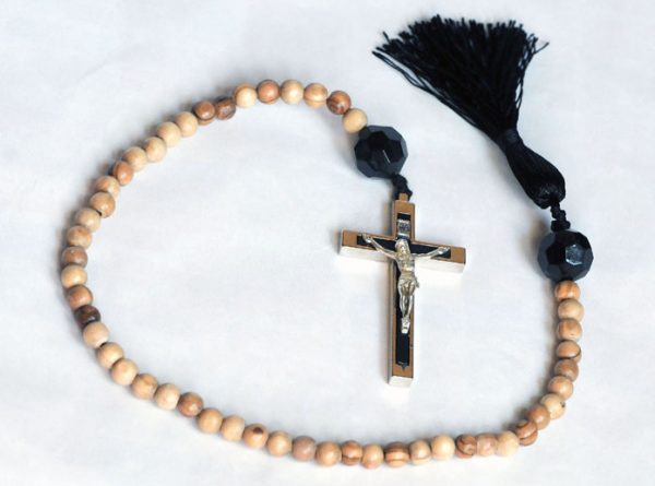 "Pater Noster cord" made exclusively for Cilice.co.uk, length 23 inch approx, made with 50 olivewood beads from Jerusalem and a 3 inch metal Crucifix-0
